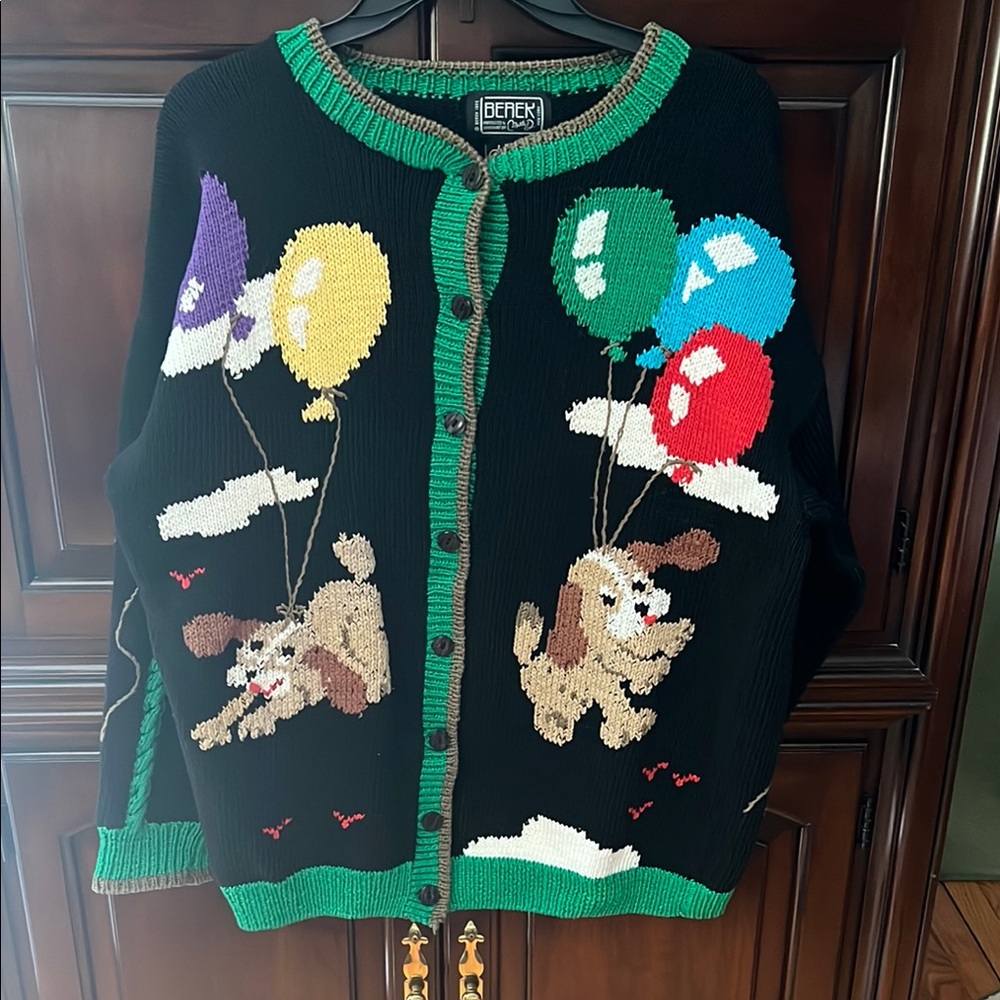 Vintage mid 1980s Berek Black Cardigan with Colorful Balloon and Dog Design
